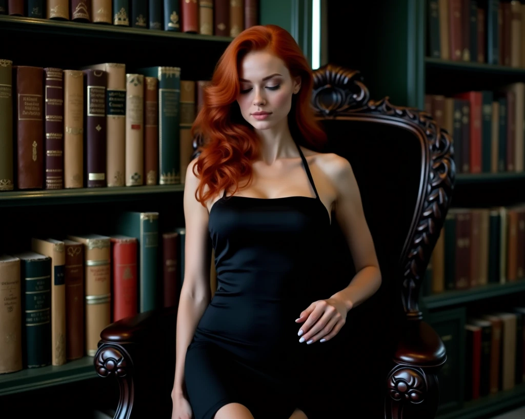 full body photo, beautiful redhead, 25 years old, hourglass body type, wearing a black pencil dress, black Christian Louboutin shoes, she is reading a book and is sitting in a beautiful chair in an old library, ultra realistic photography, studio photography, 32k, ultra quality