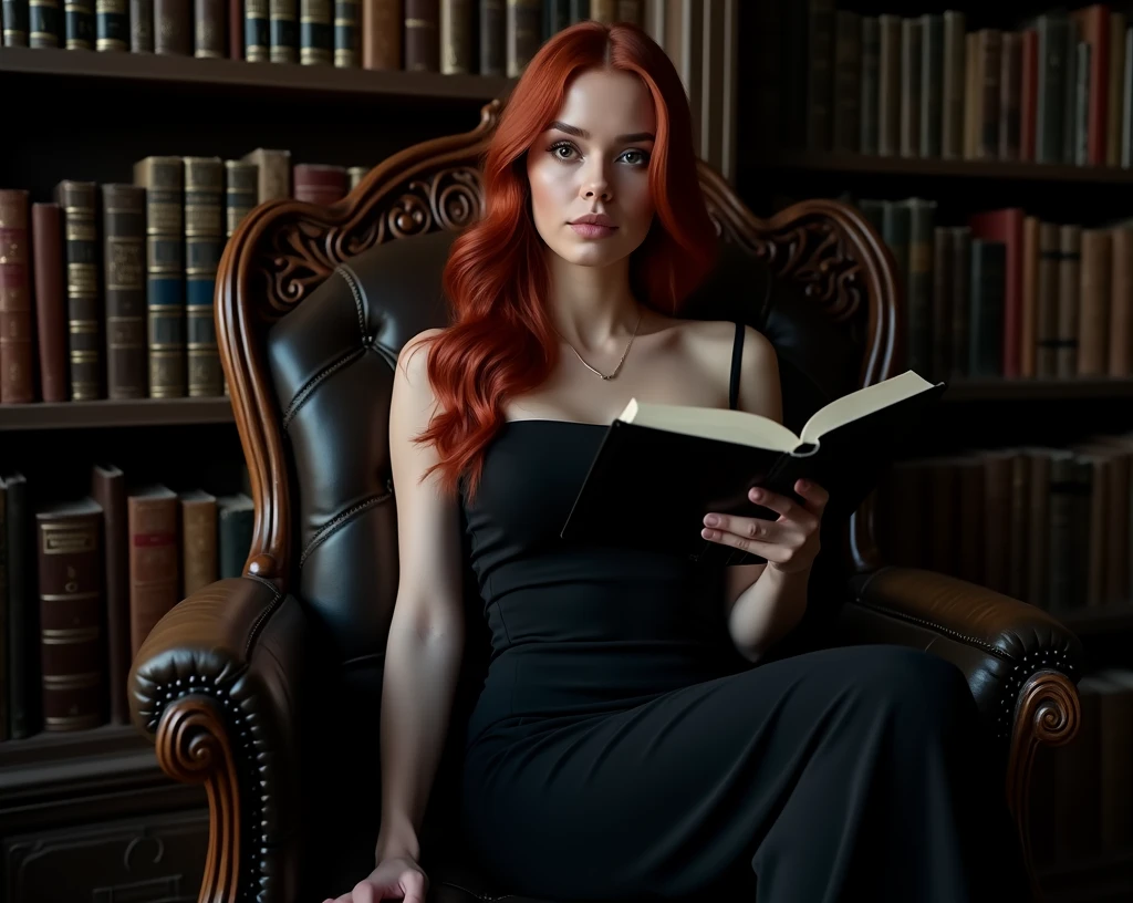 full body photo, beautiful redhead, 25 years old, hourglass body type, wearing a black pencil dress, black Christian Louboutin shoes, she is reading a book and is sitting in a beautiful chair in an old library, ultra realistic photography, studio photography, 32k, ultra quality