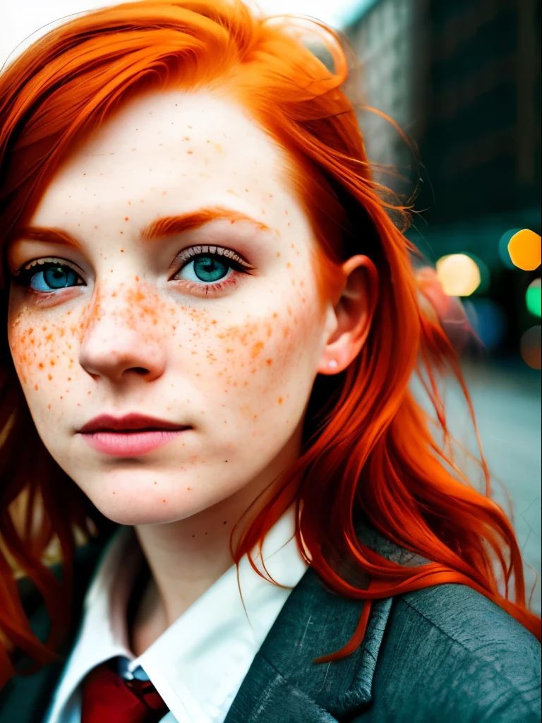 a 17mm ultrawide angle, portrait of a (redhead:1.2), freckles teacher, staying on the street of modern city, [nipples : white shirt : 18], slate atmosphere, lightroom, 35mm film, cinematic, dimmed colors, dark shot, muted colors, film grainy, lut, insane details, intricate details, hyperdetailed, closeup, twilight