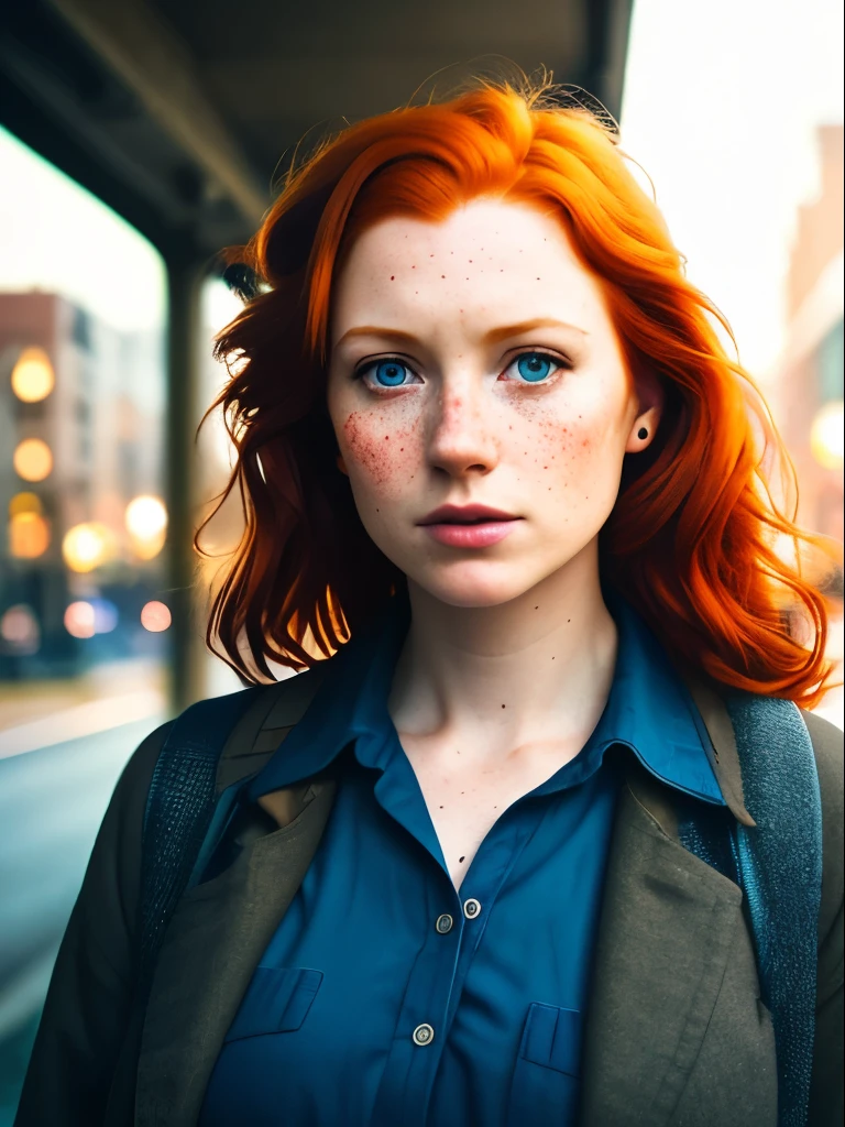 a 17mm ultrawide angle, portrait of a (redhead:1.2), freckles teacher, staying on the street of modern city, [nipples : white shirt : 18], slate atmosphere, lightroom, 35mm film, cinematic, dimmed colors, dark shot, muted colors, film grainy, lut, insane details, intricate details, hyperdetailed, closeup, twilight