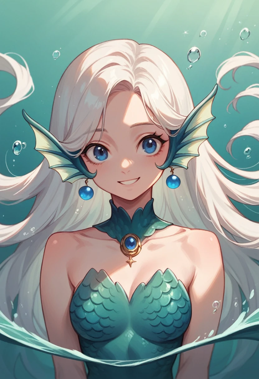 (best quality, masterpiece), 1 mermaid girl, upper body, cute girl, under the sea, (white long hair), deep dark blue eyes, smile