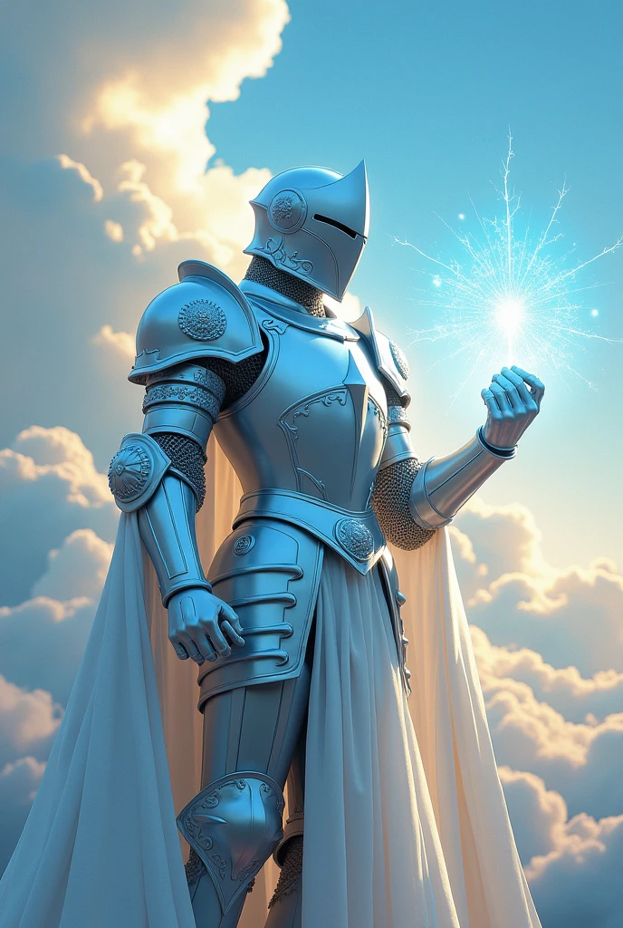 A knight of light, clad in armor of white mingled with azure, curses the Holy Field in his hand against a backdrop of sky.