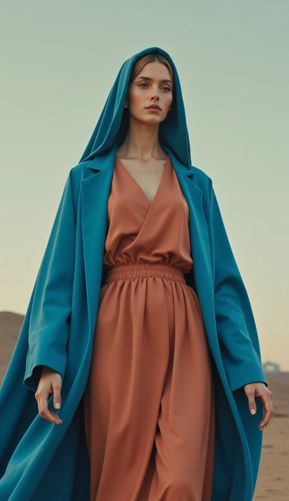 compensate, mascara, Simple color palette, Beautiful Virgin Mary, stylish, clean, Sharp design, Flowing silhouette, Reddish beige tunic, Blue coat and veil, Simple silhouette, Chic and sophisticated impression, Simple and sophisticated style, Elegant, 
