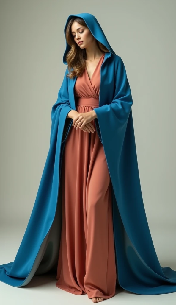 compensate, mascara, Simple color palette, Beautiful Virgin Mary, stylish, clean, Sharp design, Flowing silhouette, Reddish beige tunic, Blue coat and veil, Simple silhouette, Chic and sophisticated impression, Simple and sophisticated style, Elegant,