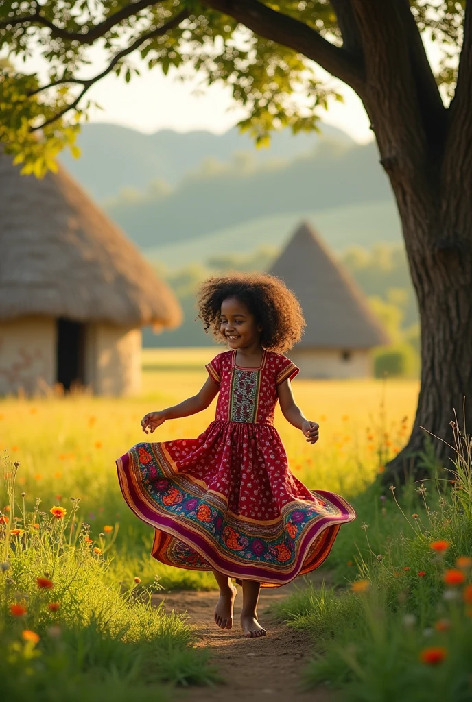 A  girl named Aisha, around 6 yearsying near a dense forest close to a village. She is wearing traditional clothing, and the village is visible in the background with simple houses and fields.