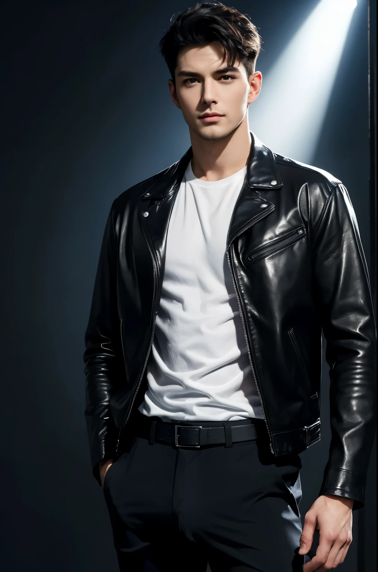 4k, high resolution, best quality, masterpiece, perfect color, perfect shade, perfect lighting, Posted by e621, ((handsome man)), perfect male figure, Short hair details,Detailed face, perfect face, (stood up), Detailed background, ((Bonifasco Lighting)),black hair, wearing black leather jacket, black pants, black leather belt, white shirt,