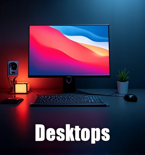 image consist of computer desktop system add black shade i have to add this on my website as poster
add black shade
write text Desktops on its bottom 
