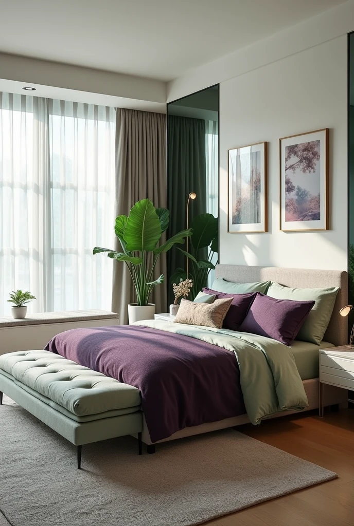 Violet green bedroom theme design a biggest bedroom modern looks real with attach bathroom 