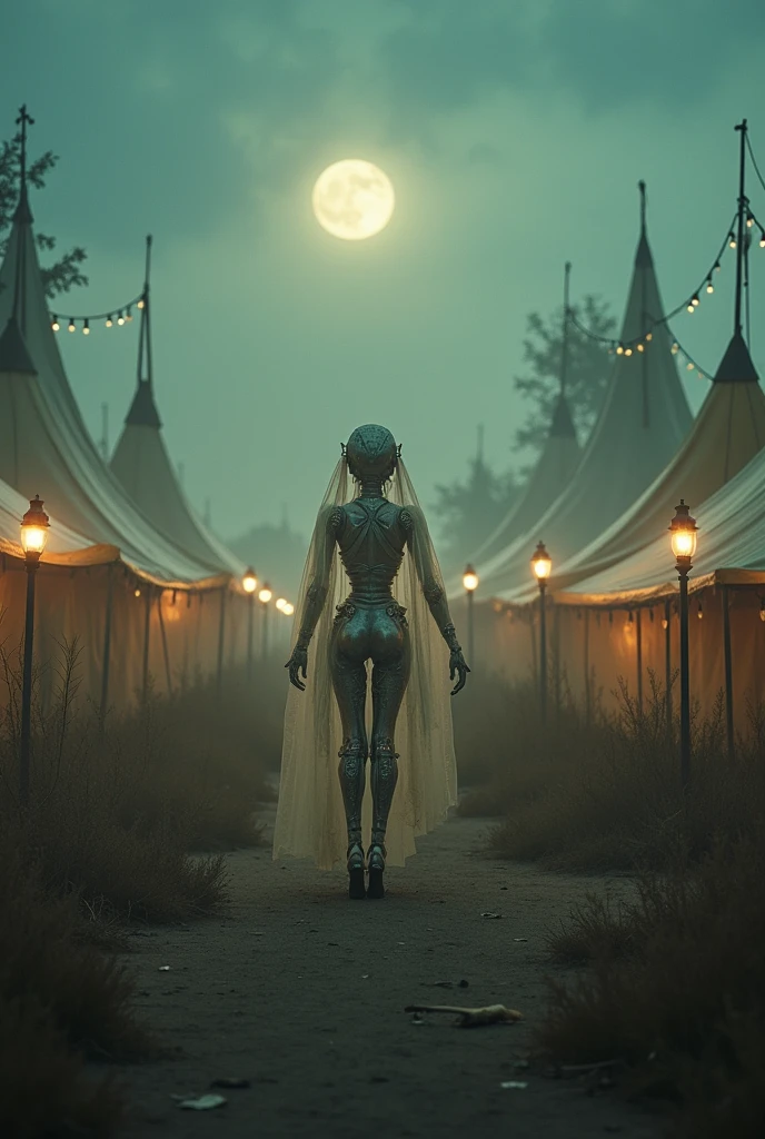 A deserted circus with tents made of translucent fabric, softly glowing under a pale moon. The performers are frozen in time, their mechanical bodies illuminated by the soft, flickering light. The atmosphere is both whimsical and melancholic, as if the circus exists in a forgotten memory