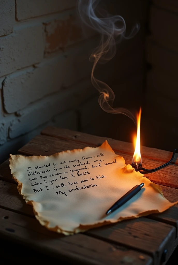 I want a piece of paper with a burning pen next to it and these words written on the paper: I started to act differently from my self.
Last night I stoned the selfish devil inside me.
I built.
When you're not here, my eyebrows seem to thin.
But I still have the same look.
My embroideries.