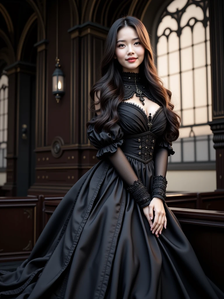 {Ultra-realistic, 4k, professional photo,age 21,height 165 cm, 34-23-35 body ratio, 1girl, BDSM},{Long hair, shy smile, HDR, detailed face, skinny body},{Majestic gothic dress},{pose: she fall gracefully to the ground}, {Masterpiece, (lighting), (1solo), futuristic beautiful gothic palace background, realistic background, realistic photo}