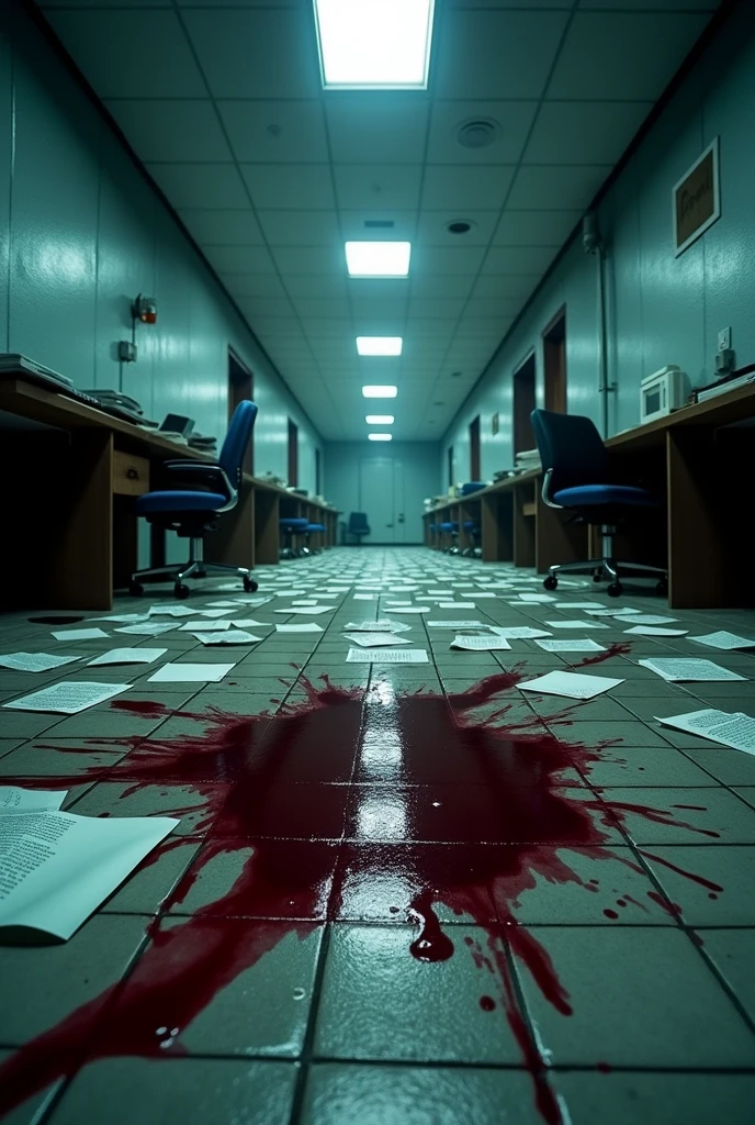 Dark empty big company messy with papers office room floor with blood pool at night (realistic) ( thriller )