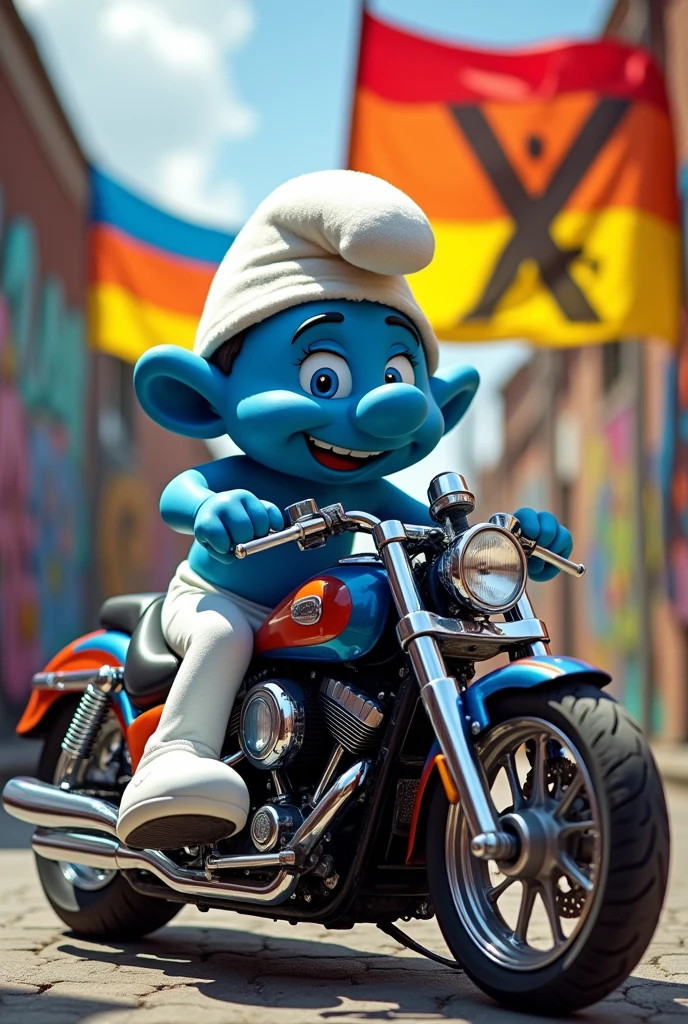 A Smurf, sitting on a motorcycle. In the background the Pace flag and a crossed out AfD logo