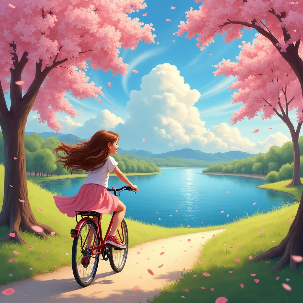 A girl riding a bicycle, cherry blossoms in full bloom, a blue lake, clear skies, cumulonimbus, 