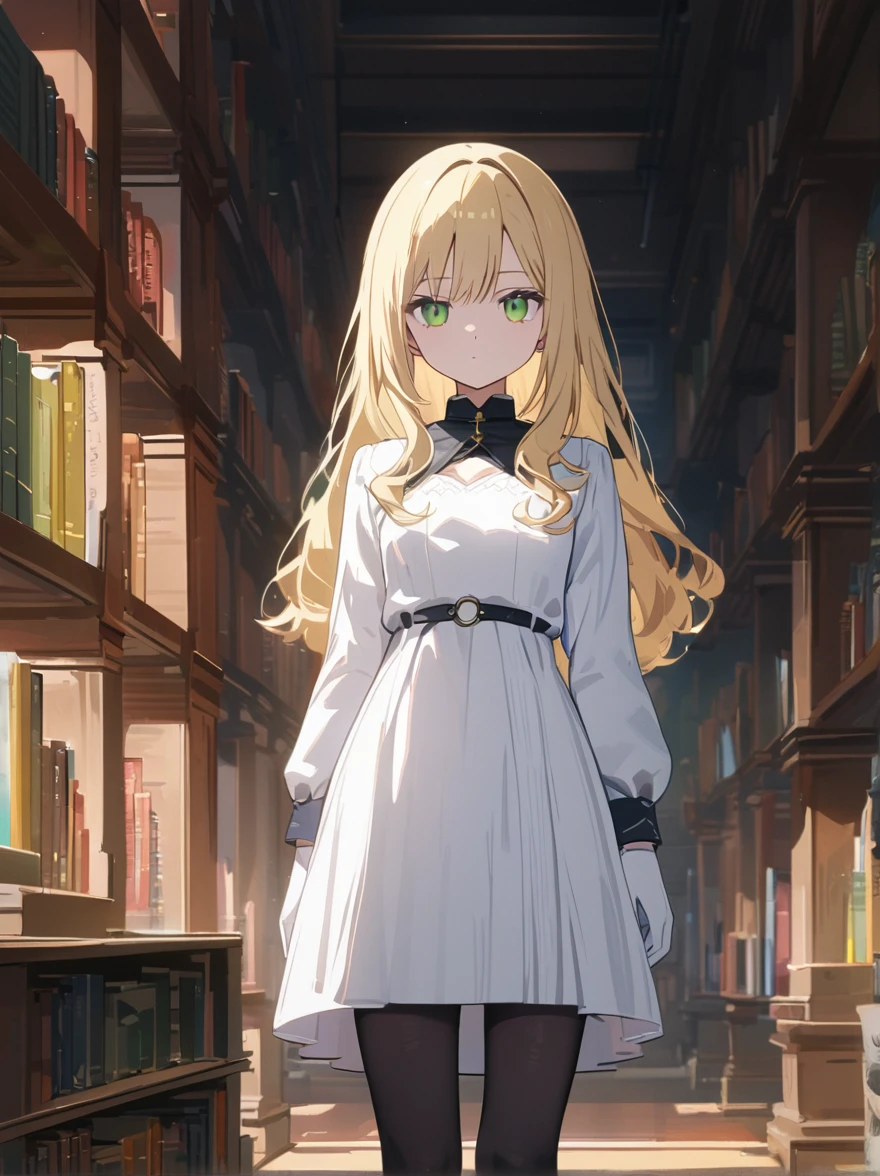 anime style, uhd, super detail, textured skin, best quality, 1 woman, alone, library, white dress, Ball joints, long sleeves ,long hair, blond hair, Green eye, looking at viewer, whole body, small breasts, expressionless, black stockings, White shoes, Eyes without pupils, white gloves, tall