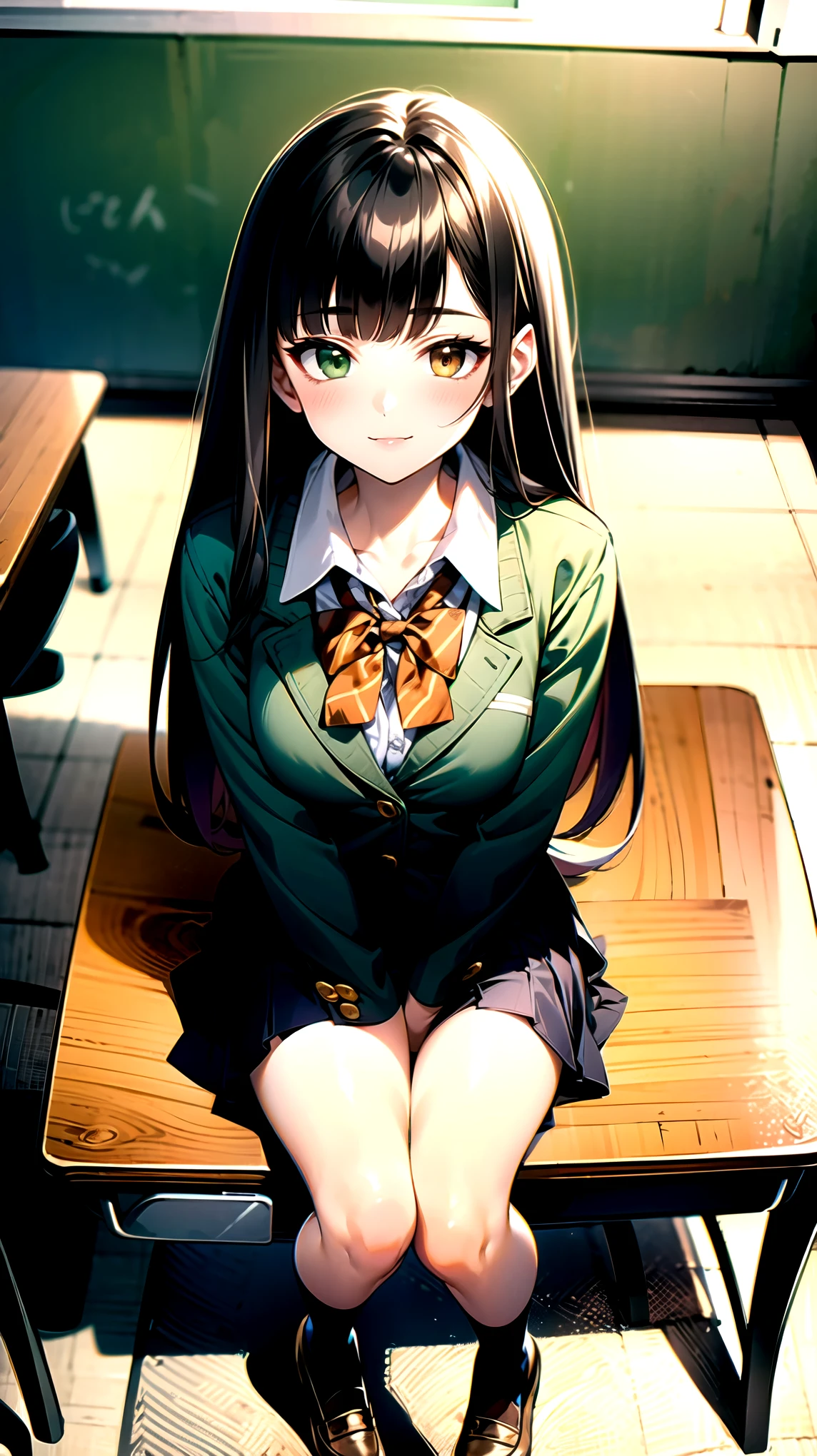 ((super high quality,Ultra-high resolution,4K,8k,super masterpiece,Ultra HD ,Detailed shading)),Angle from above,Full body photo,Dimly lit classroom,1 high school girl,dark green blazer,White dress shirt unbuttoned to the second button,Yellow and black striped bowtie,Brown plaid mini skirt,Black tights,Extremely long, straight, black hair,Side-swept bangs,Heterochromia of orange and green,Sharp gaze with raised eyebrows,smile,Sit at a desk,
