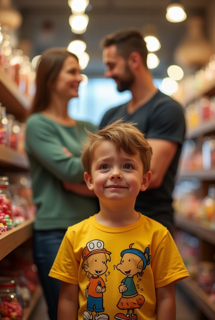 create an image of child crying but parents refuse to buy sweets for him