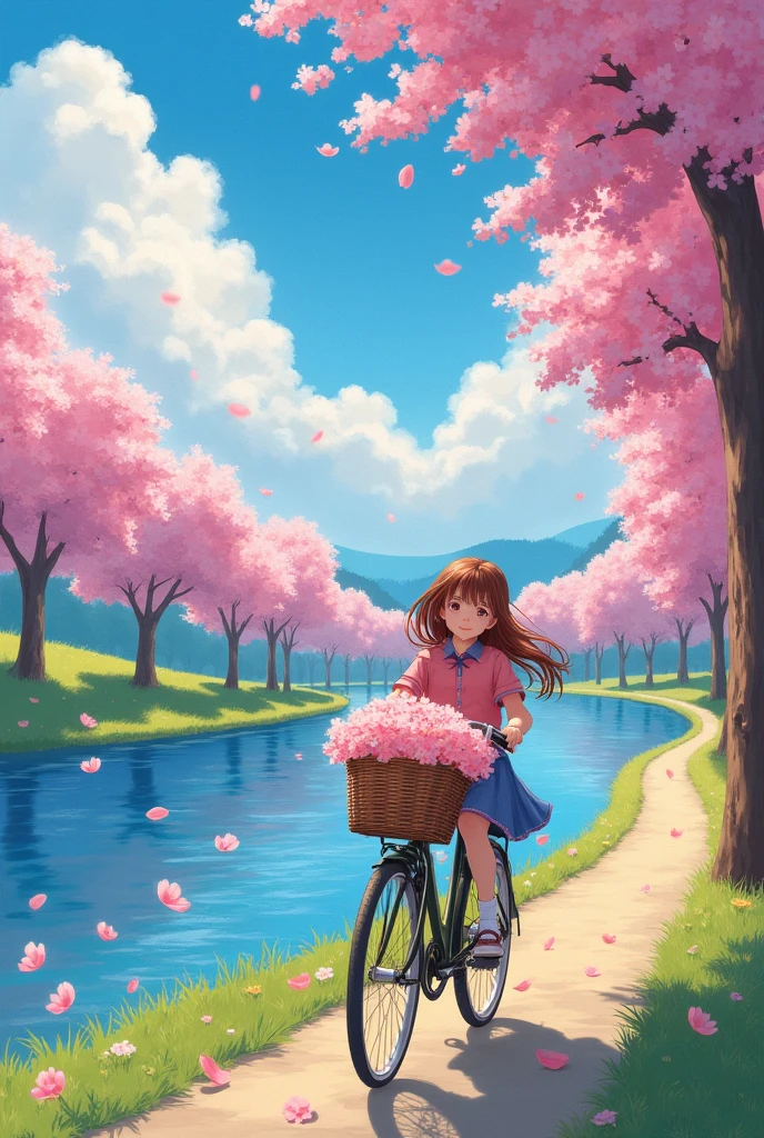 A girl riding a bicycle, cherry blossoms in full bloom, a blue lake, clear skies, cumulonimbus, 