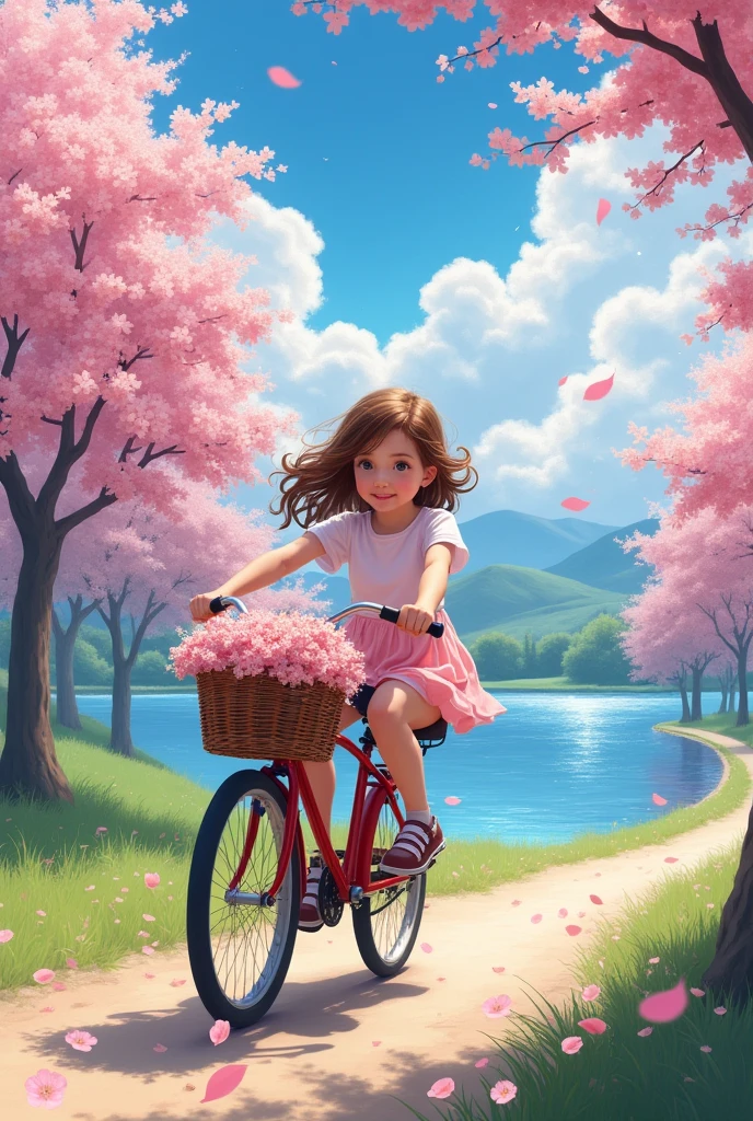 A girl riding a bicycle, cherry blossoms in full bloom, a blue lake, clear skies, cumulonimbus, 