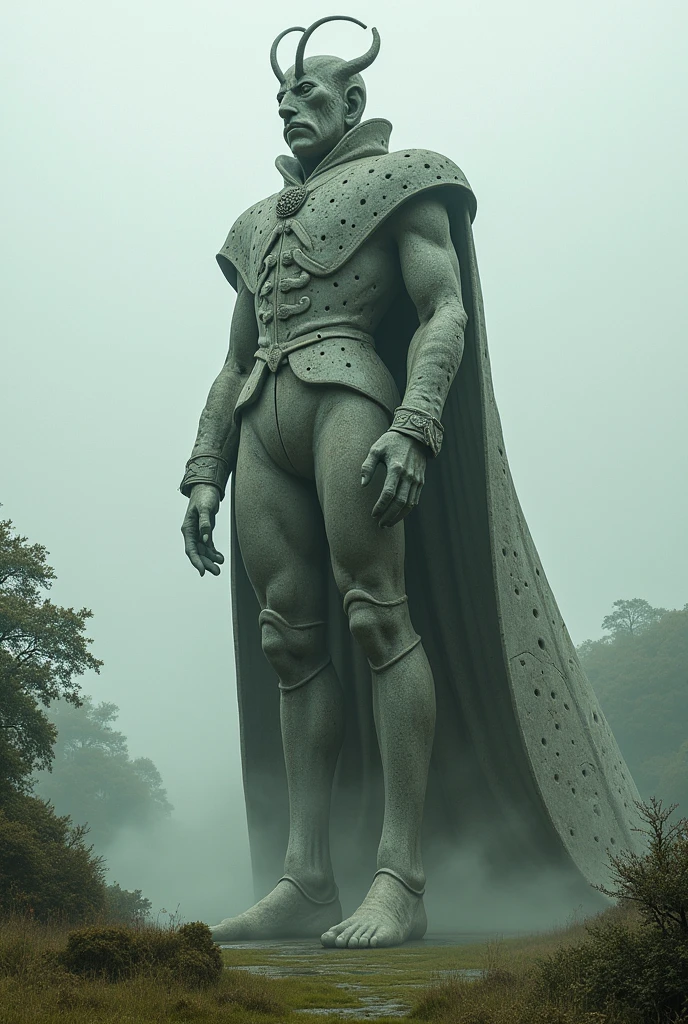 A gigantic stone statue with the lower body of a mosquito and the upper body of a medieval Western nobleman in full dress.,The statue is covered in holes