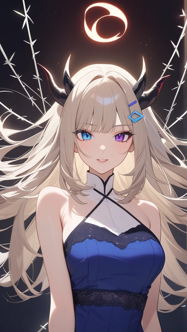 1 girl, Adult woman,  One, g0ld3mb, Air, (platinum blonde hair) hair, hime cut, (kawaii hair clips:1.2)    high quality, Best quality, A high resolution, high detail, (Airen aura magic), hair uplifted, horns,Beautiful young gray-haired woman with piercing red and blue eyes, half smile with full lips, black nails, barbed wire everywhere(rolled black barbed wire),read with your eyes,Blue eyes, (Different eyes), (heterochromia)