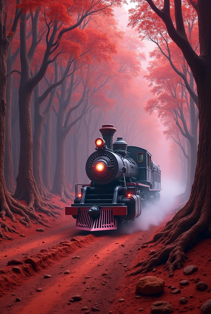 Style - cyberpunk. A levitating steam locomotive travels through the forest. Trees in the forest are half mechanical. Everything happens on Mars.