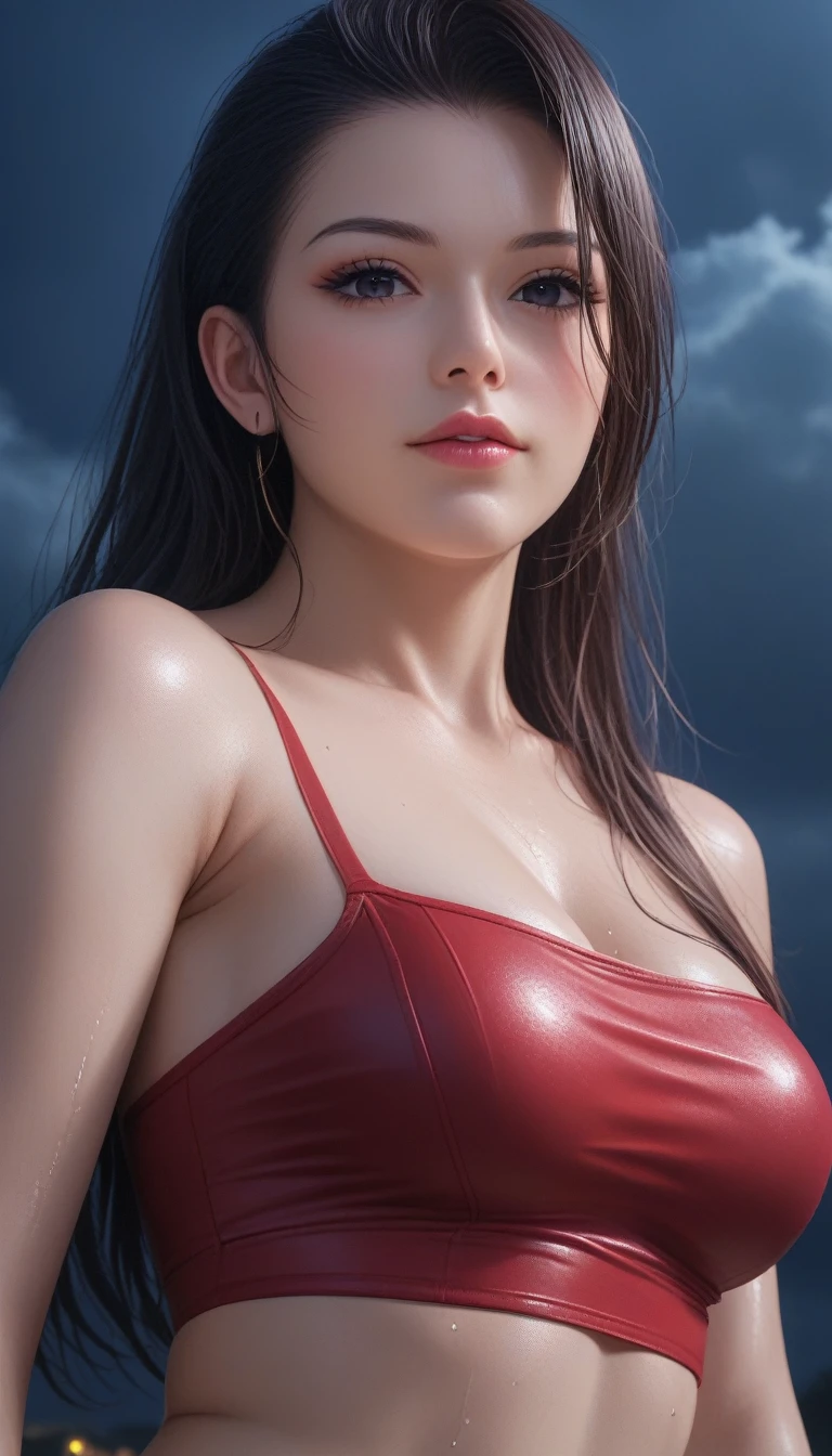 score_9, score_8_superior, score_7_superior, High-resolution CG illustration,A masterpiece in 32K resolution,Highest quality,it is really amazing,Very detailed,Ultra-high resolution,Ultra-realistic,Realistic,Increased depth of field,Cinematic lighting,
Sexy mature Japan woman,
Glossy black hair,Straight Long Hair,Showing his forehead,god々Beautiful,Ultra-detailed and beautiful face,Sensual look,Beautiful dark brown, moist eyes,Pitch black eyes,Glowing, moisturized skin,Translucent white skin,born々New skin texture,Wet body,Great proportions,
Elegant red swimsuit,
Simple design,Chic color scheme based on red,詳細なborn地の質感,
A dark and blurry night background,Dark overcast sky on a dull night,Dark clouds filling the sky,Thundercloud,Coastline at night,Stormy seas,delay々A desolate sandy beach that continues,
Cinematic,Low - Angle,