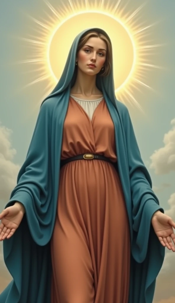 Beautiful Virgin Mary, Halo, stylish, clean, Sharp design, Flowing silhouette, Reddish beige tunic, Blue coat and veil, Simple silhouette, Chic and sophisticated impression, Simple and sophisticated style, Elegant,