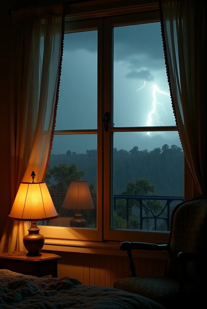 The warm light of the lamp illuminates the room.。Storm outside the window。