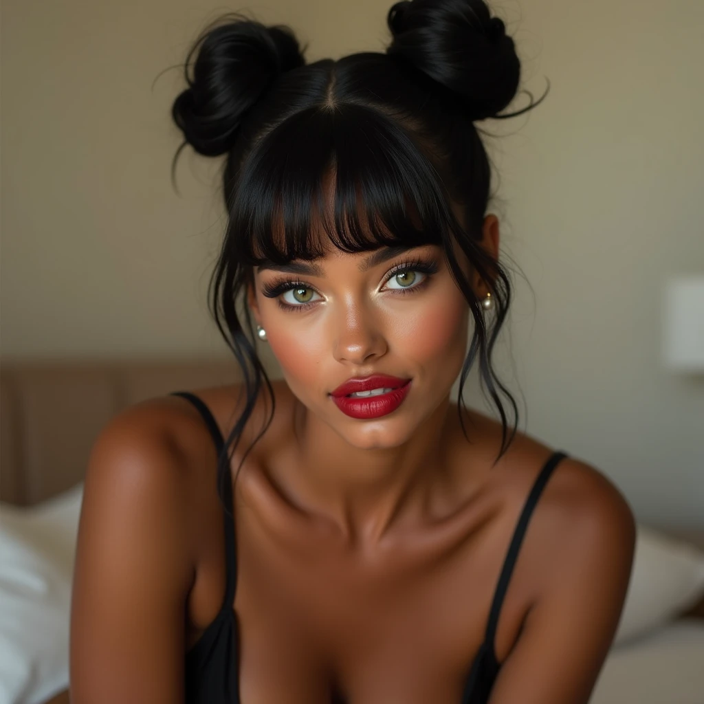 21 year old IG model,European, green eyes tanned skin, influencer, perfect body posing in sexy clothes,in a minimalist room the most beautiful face of a woman, black hair, two buns and straight bangs,bright pupils, naughty face, red lips, hyperrealism, depth of field, UHD, masterpiece, high details, highres boudoir photography