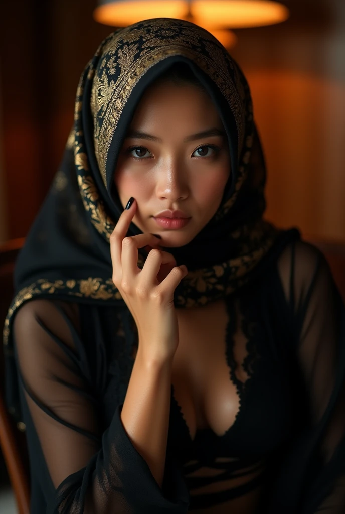In this photograph, an Indonesian Instagram female model in her mid-20s takes center stage. , (highly detailed face:1.4) (smile:0.7) (backround 5 star hotel , moody, private study:1.OV, by lee jeffries, nikon d850, film stock photograph ,4 kodak portra 400 ,camera f1.6 lens ,rich colors ,hyper realistic ,lifelike texture, dramatic lighting , cinestill 800, realistic, wearing Black brocade lingerie, she wears a luxury brocade hijab, ((hijab)), actress, karla ortiz, posing!!, candid picture, by Max Dauthendey,Completing the aesthetic, the model show her breast. ((big breast:1.3)), yo can see the nipple visible,The photograph is meticulously captured in 8K resolution using cutting-edge techniques such as Cinema 4D and Octane Render, resulting in a highly detailed and photorealistic image. Studio lighting, HDR, and a smoky mist create a captivating ambiance, while the bokeh effect adds an artistic touch, put details on fingers