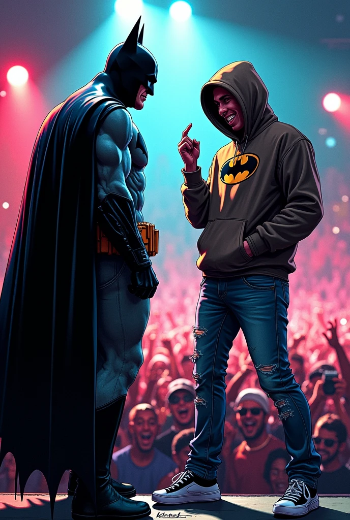 Generate a comic book image for the following description: Batman, in his iconic suit, stands on one side of the stage. On the other side, Slim Shady, dressed in his signature hoodie and jeans, smirks confidently. The crowd roars in anticipation.c. 8k, hd, comic book-style.
