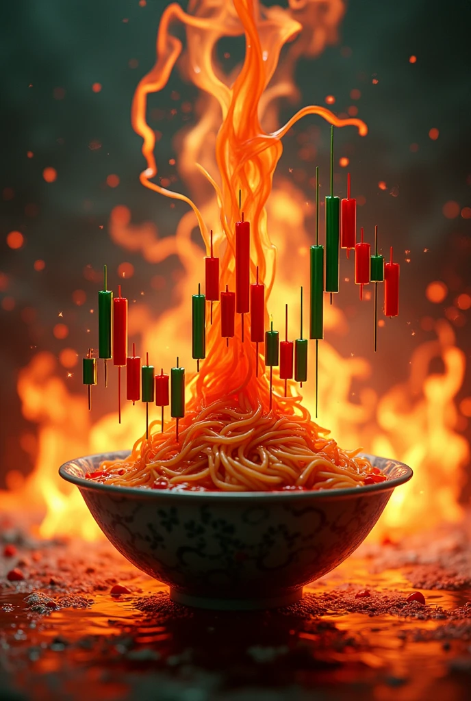 Can you create the modern 3d forex chart trading with three of moving average line . chart against red and green candlesticks, Chart Ejaculate break out from inside very spicy soup noddle bowl and fly up soar above bowl. Graph make soup splashing from blow. Focus on forex chart and moving average line.
