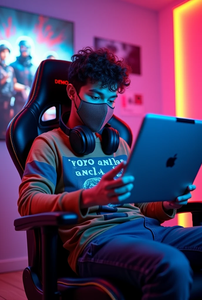 a profile picture for YouTube channel like a 18 Year boy play PUBG in ipad seating in a gaming chair how was wair a facemask