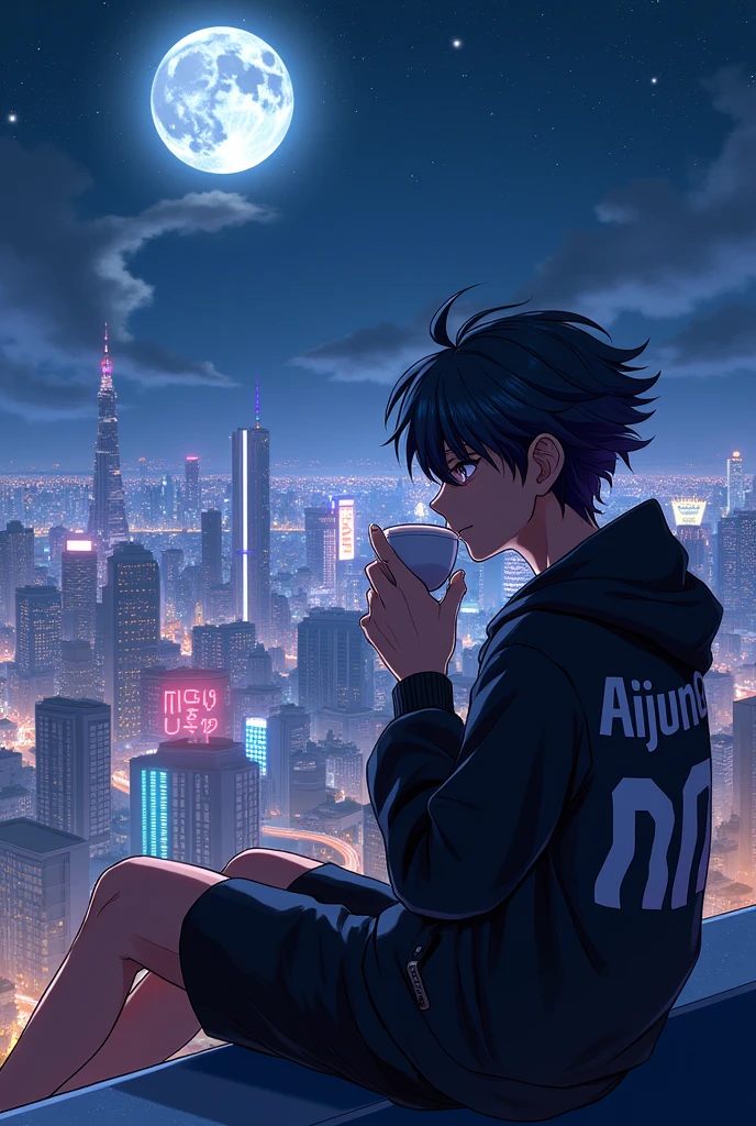 Cool anime Boy Chilling in the night rooftop with the back of his jacket name AIjun06 while holding a cup of coffee while looking the cities