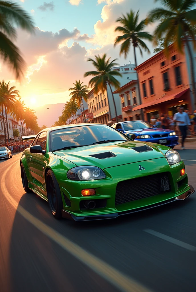 Need For Speed Video Game : Maracaibo . Green Mitsubishi Eclipse car and Blue Nissan Skyline R34 car