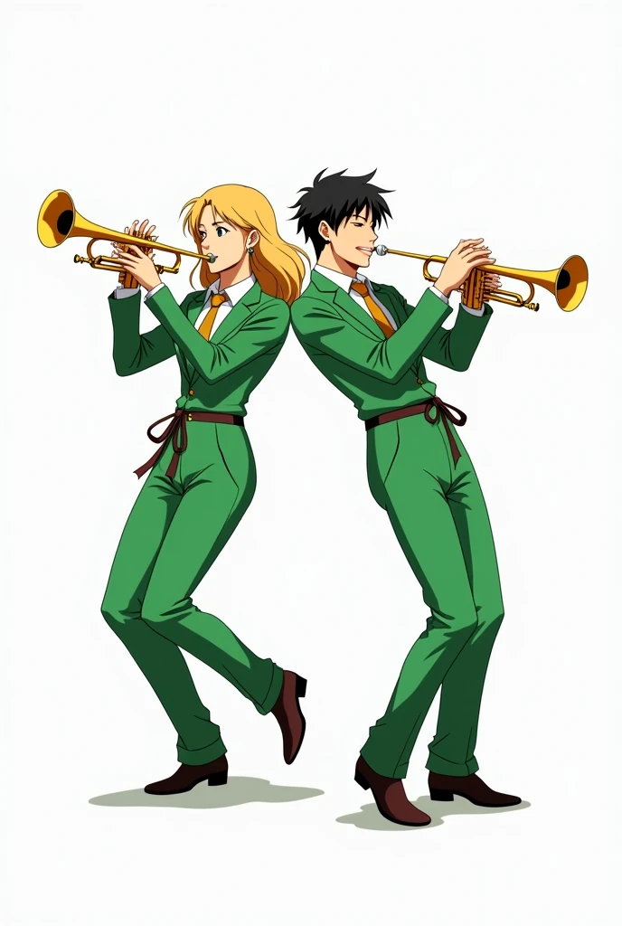 A man and a woman wearing green long-sleeved casual jumpsuits are playing the trumpet. The jumpsuits are full-body ones. They are wearing belts. Please make it anime style. The background is white.