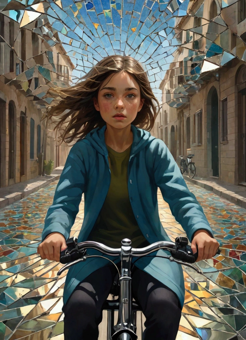 1 girl riding a bicycle, A mosaic of shattered mirrors reflects fractured identities, exploring the complexities of self-perception.