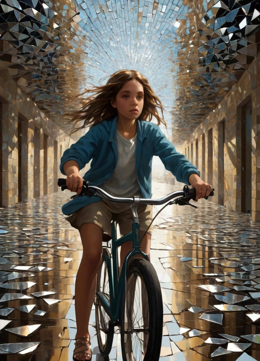 1 girl riding a bicycle, A mosaic of shattered mirrors reflects fractured identities, exploring the complexities of self-perception.