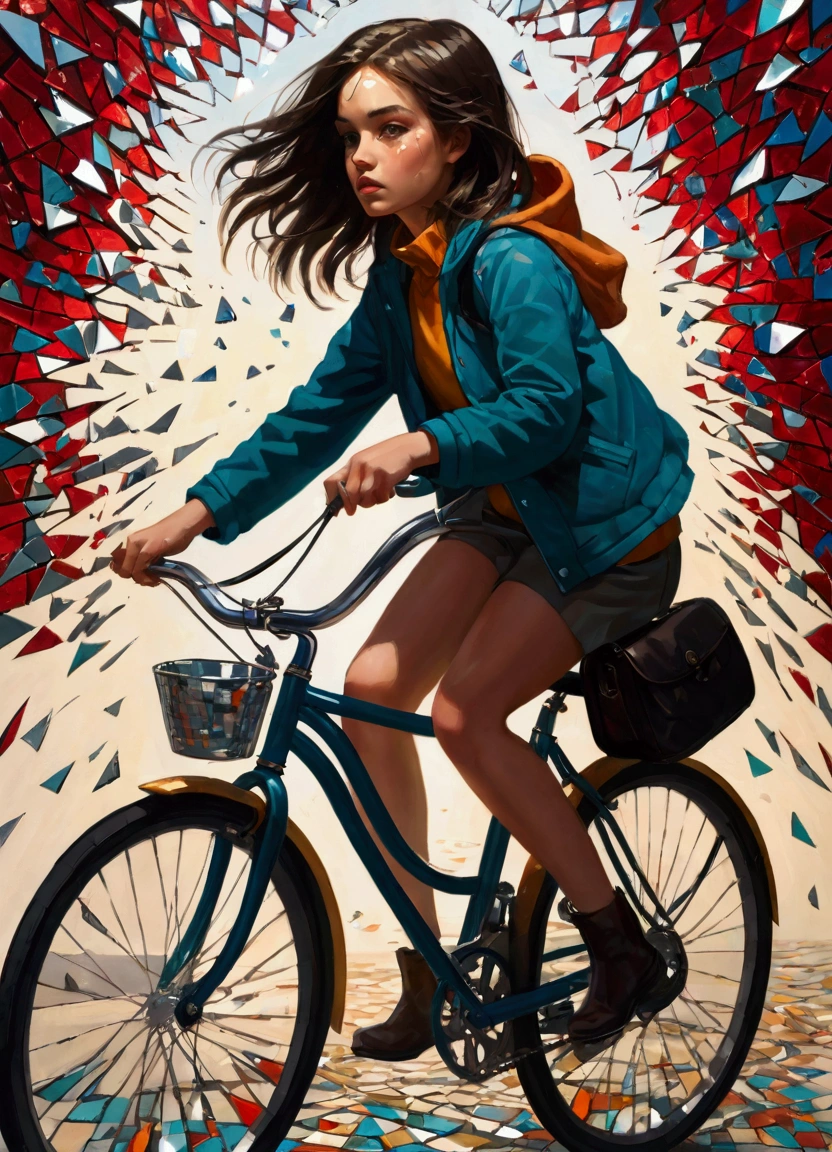 "Close-up of A brave young woman pedaling with a mountain bike, dificultad en una carretera cubierta de nubes oscuras y llovizna pesada, Mysterious atmosphere, Dim lighting, Capture the child's courage and determination, colores saturados, texturas detalladas y realistas"