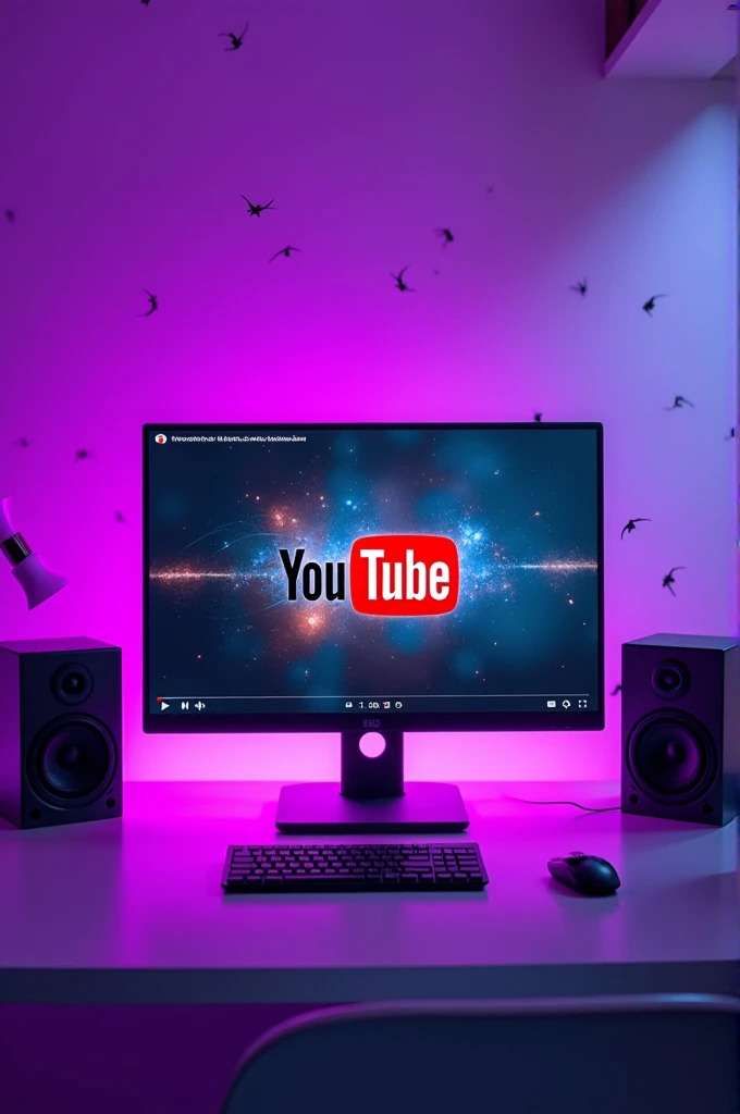 Purple light bright room , background simple logo of tamil spidy channel name , monitor, monitor screen was play YouTube video,like electronics related things Sounders 