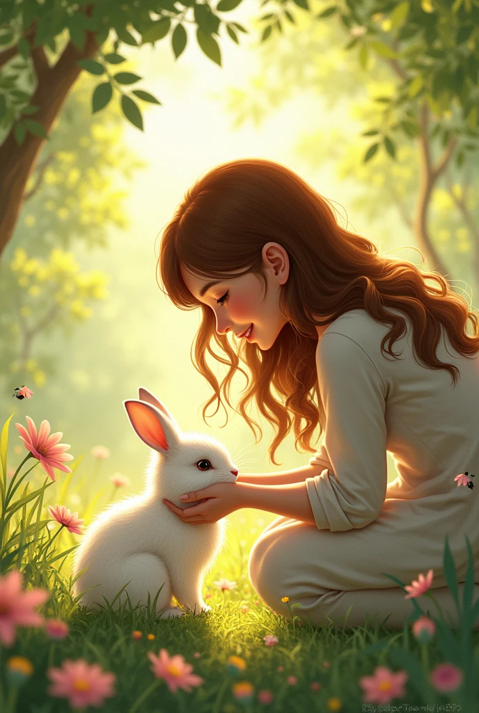 Aisha approaches the small white rabbit with a loving expression, gently picking it up in her hands. Her eyes are full of affection as she cradles the rabbit close to her chest.