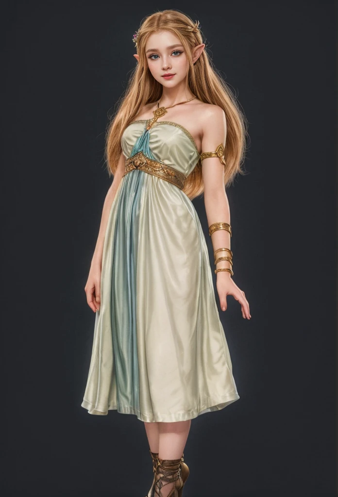 Princes Zelda, blue eyes, (best qualityer, ultra detail), (realisitic:1.37), beautiful and detailed face, ultra-realisitic texture, Exquisite face, Delicate body, red lipgloss stick, shiny colors. High definition, 8k, expression with a slight cute smile