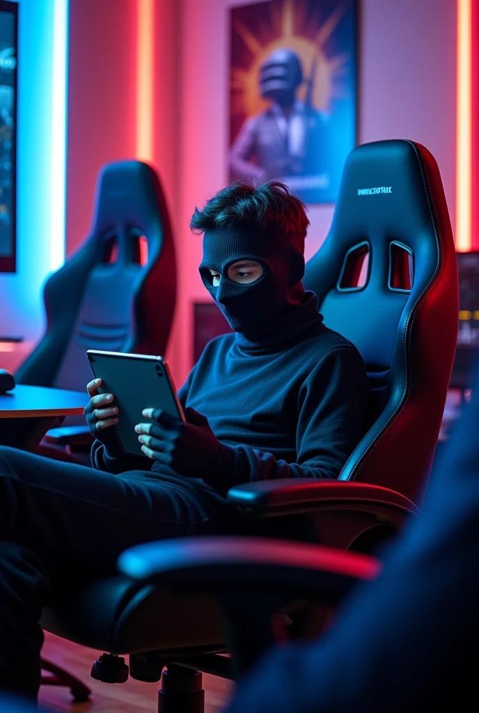 a profile picture for YouTube channel like a 18 Year boy play PUBG in ipad seating in a gaming chair how was wair a full cover facemask 
