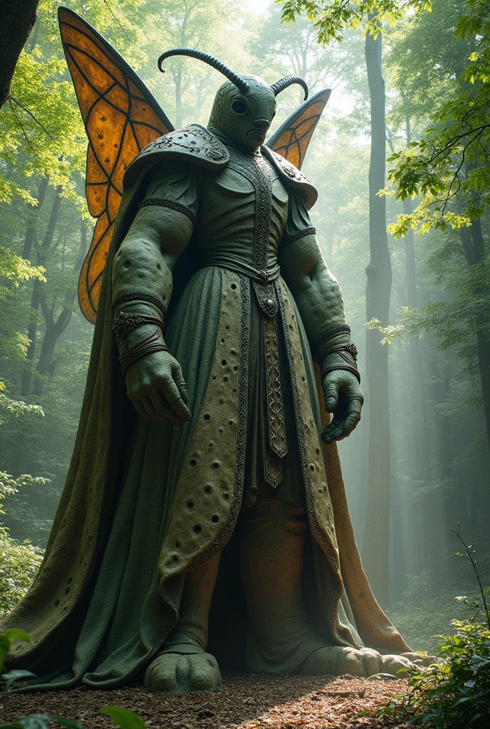 A gigantic stone statue with the lower body of a mosquito and the upper body of a medieval Western nobleman in full dress.,The statue is covered in holes