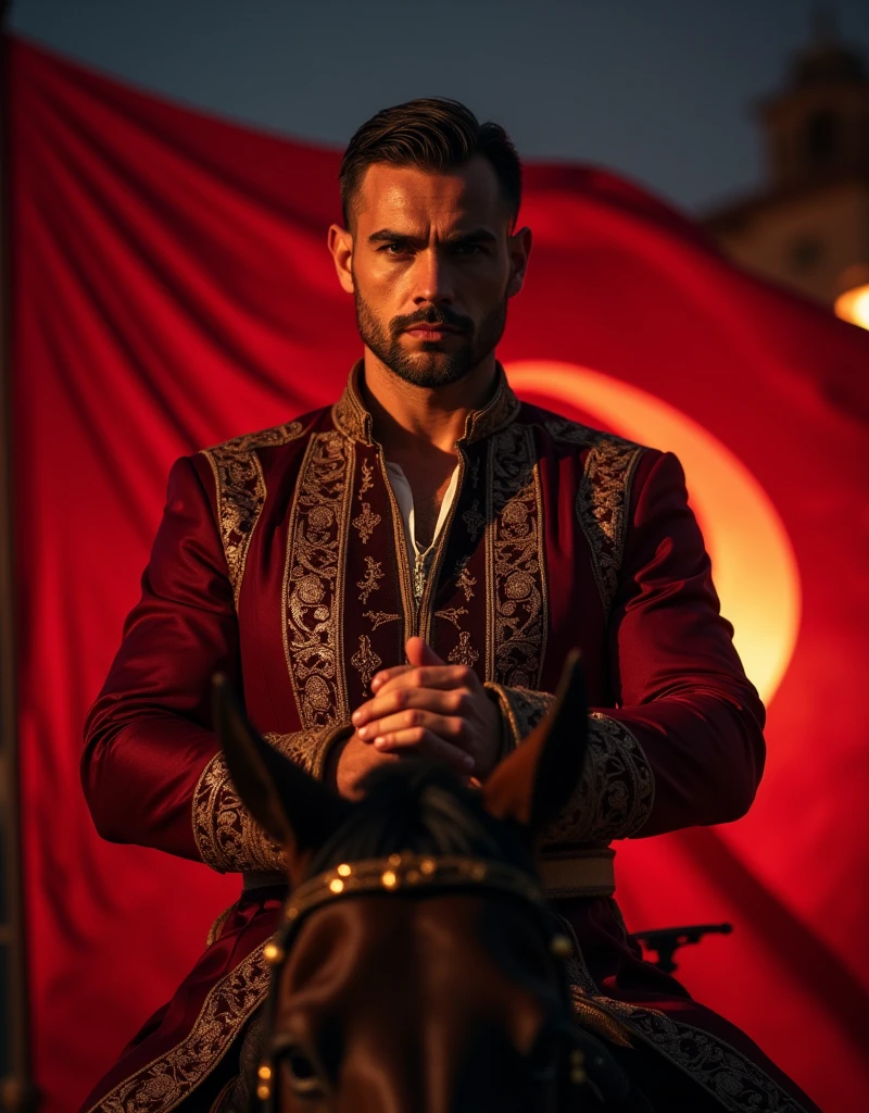 A 40-year-old man, looking at the camera. The eyes are right. Fingers crossed, night. Back light red, in the clothes of the Ottoman Empire. Sitting on a royal horse, fit and fit. tall Details above. High quality. whole body The Ottoman flag is behind his mansion.