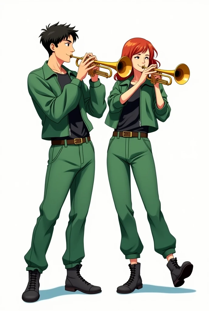 A man and a woman wearing green long-sleeved casual jumpsuits playing the trumpet.
The jumpsuit is a one-piece suit.
They are wearing belts.
They are wearing black T-shirts underneath.
Please make it anime style.
The background is white.