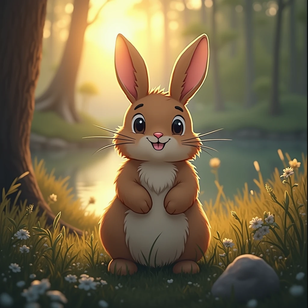 rabbit、The light brown fur is fluffy、 The forest before dawn,lake