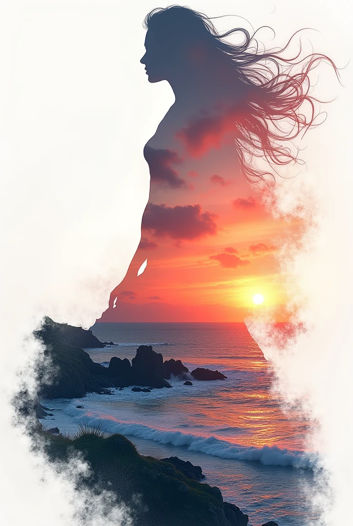 high quality, 8K Ultra HD, A beautiful double exposure that combines an goddess silhouette with sunset coast, sunset coast should serve as the underlying backdrop, with its details incorporated into the goddess , crisp lines, The background is monochrome, sharp focus, double exposure, by yukisakura, awesome full color,