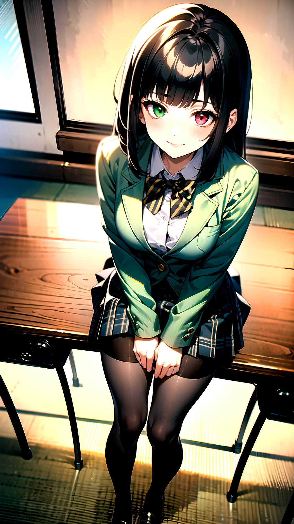 ((super high quality,Ultra-high resolution,4K,8k,super masterpiece,Ultra HD ,Detailed shading)),Angle from above,Full body photo,Dimly lit classroom,1 high school girl,dark green blazer,White dress shirt unbuttoned to the second button,Yellow and black striped bowtie,Brown plaid mini skirt,Black tights,Extremely long, straight, black hair,Side-swept bangs,Heterochromia of orange and green,Sharp gaze with raised eyebrows,smile,Looking up,Sit at a desk,